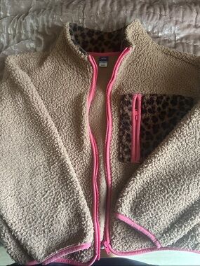 Old Navy Beige Sherpa Jacket with Pink Trim and Leopard Pocket